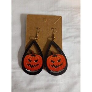 Halloween Dangle Earrings Jack-O-Lanterns Wooden 3 Inch Drop x 1.5 Inches Wide